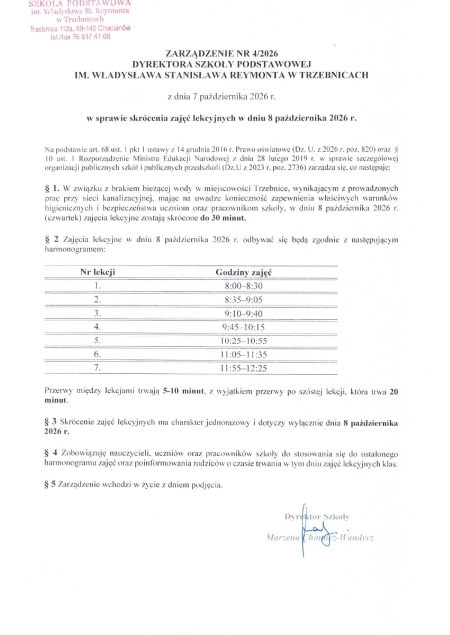 Skrócenie zajęć lekcyjnych w dniu 8 października 2026 r.